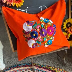 Vibrant Orange Pillow Shams with Floral Embroidery